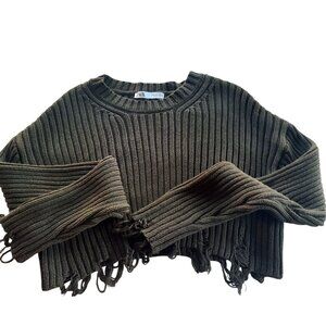Zara Distressed Cropped Ribbed Knit Sweater Olive Green